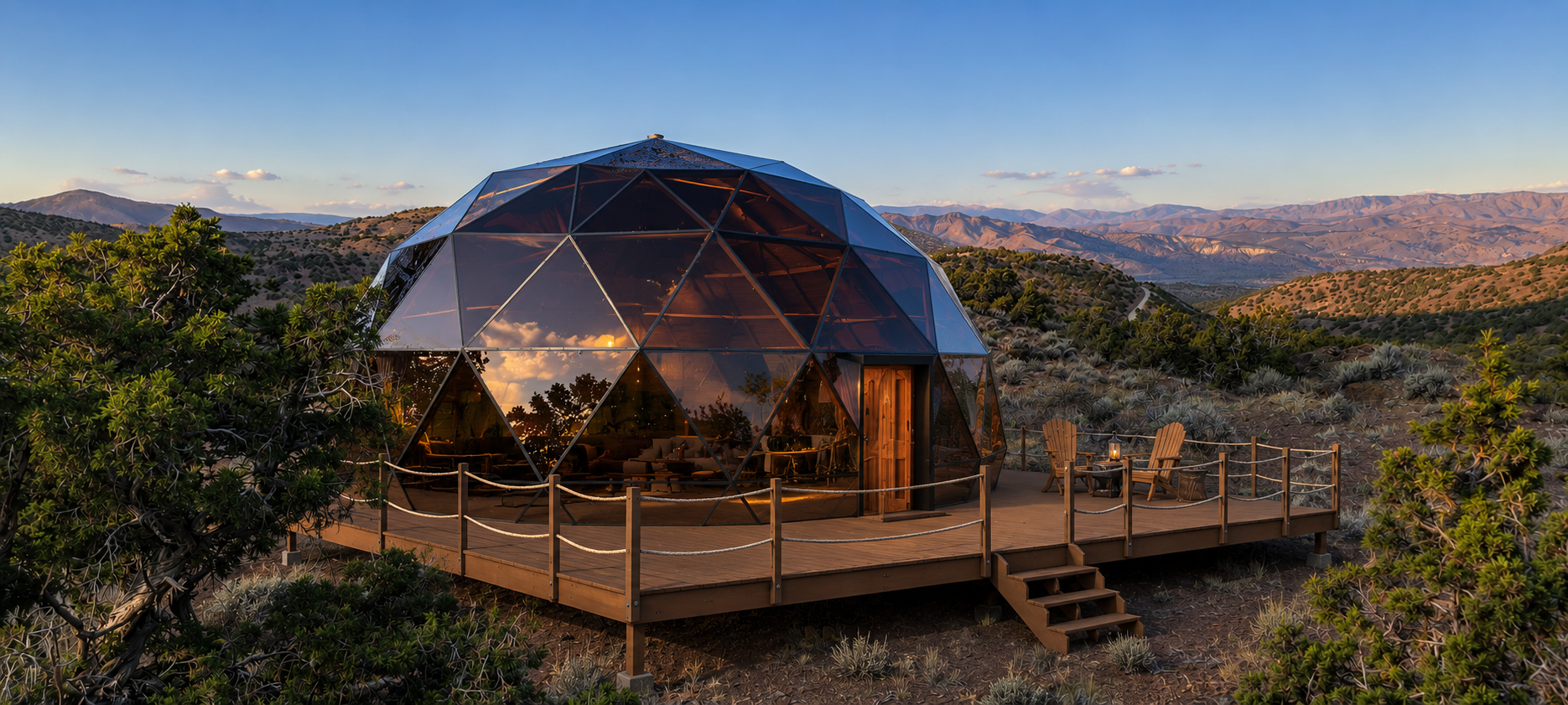 Geodesic dome retreat in golden hour